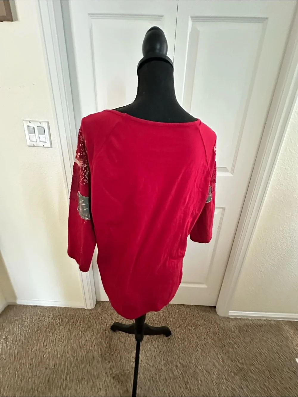 April Cornell Red Embroidered Sleeve Long Sleeve Top